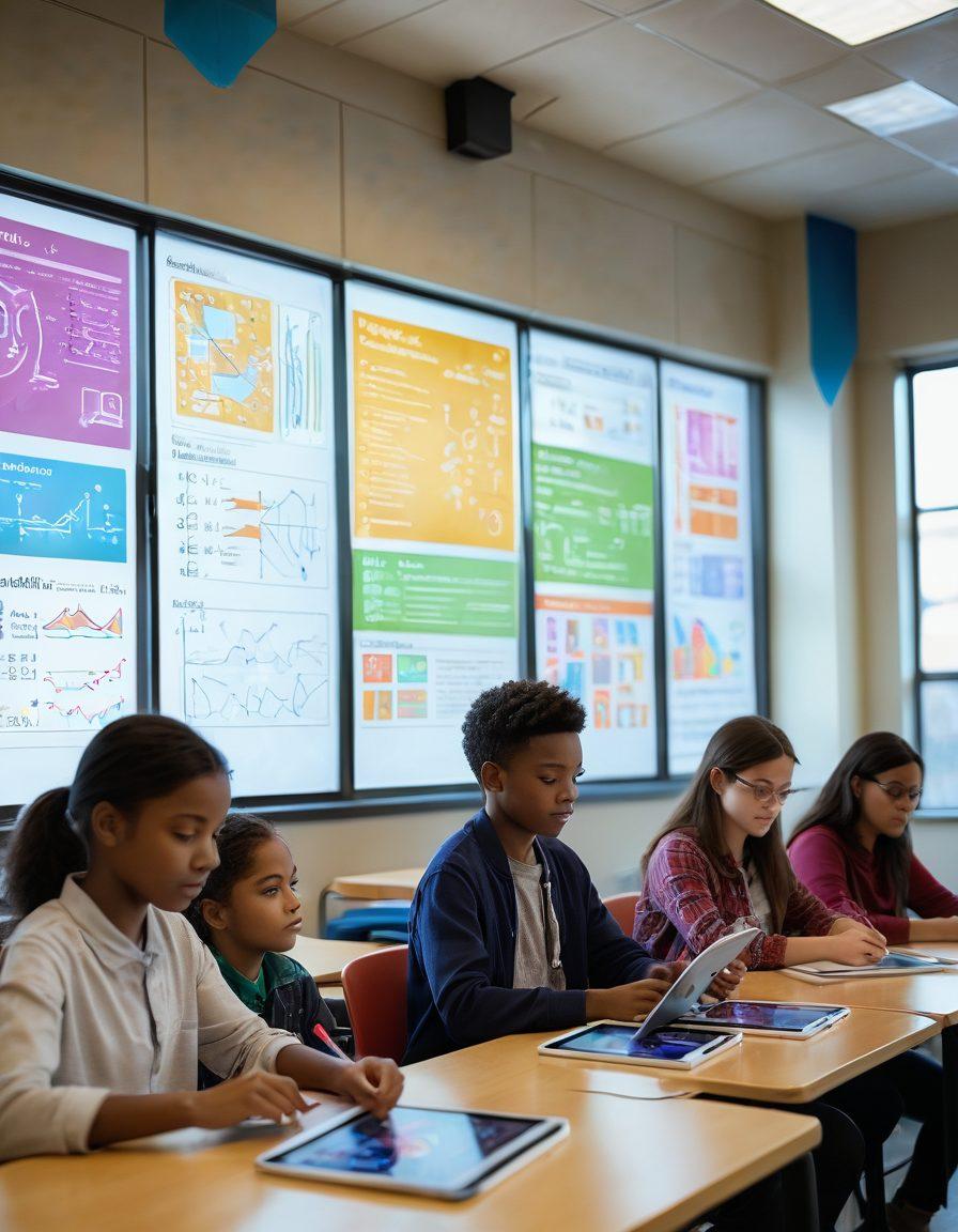 A diverse group of students engaging with digital devices in a bright, modern classroom, surrounded by colorful charts representing personalized learning paths. Ethereal light shines through large windows, creating a sense of inspiration and focus. Elements of technology, like tablets and holographic interfaces, float around them. super-realistic. vibrant colors. energetic atmosphere.