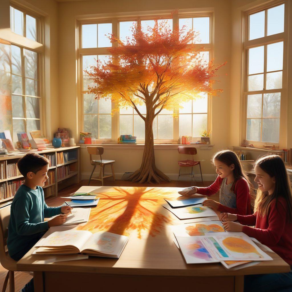 A whimsical classroom filled with diverse students engaging in tailored learning activities, surrounded by colorful educational tools like books, maps, and art supplies. In the background, a vibrant tree of knowledge with pathways leading to various subjects like science, art, and math, symbolizing their unique academic journeys. Bright sunlight streaming through windows, illuminating smiles and creativity in the air. Artistic details like brush strokes and soft textures showcasing a nurturing atmosphere. super-realistic. vibrant colors.