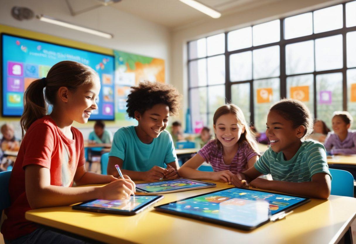 A vibrant classroom scene filled with diverse students joyfully engaging with interactive digital learning tools like tablets and smart boards, showcasing colorful educational games and collaborative projects. Bright sunlight streaming through the windows, emphasizing the lively atmosphere of exploration and creativity in learning. Dynamic elements like animated graphics and technology symbols in the background. super-realistic. vibrant colors. 3D.
